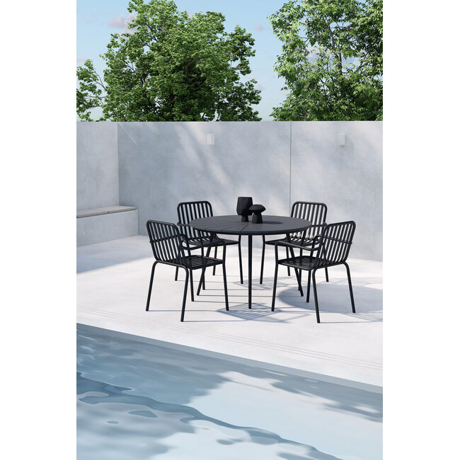 San Vito & Peking Dining Set Schwarz – Moderner Outdoor-Esstisch mit 4 Stapelstühlen