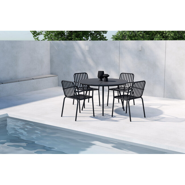San Vito & Peking Dining Set Schwarz – Moderner Outdoor-Esstisch mit 4 Stapelstühlen
