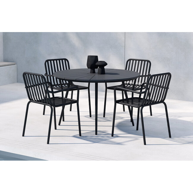 San Vito & Peking Dining Set Schwarz – Moderner Outdoor-Esstisch mit 4 Stapelstühlen