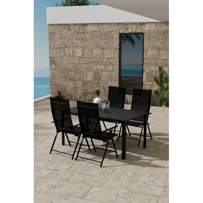 Essgruppe Lavenzo & Giardini Schwarz – Giardini Esstisch 150×85×72 cm (Aluminium, Latten-Design, 5 cm Platte) + Lavenzo Positionssessel 56×59 cm (2er-Pack, klappbar & verstellbar, bis 110 kg)