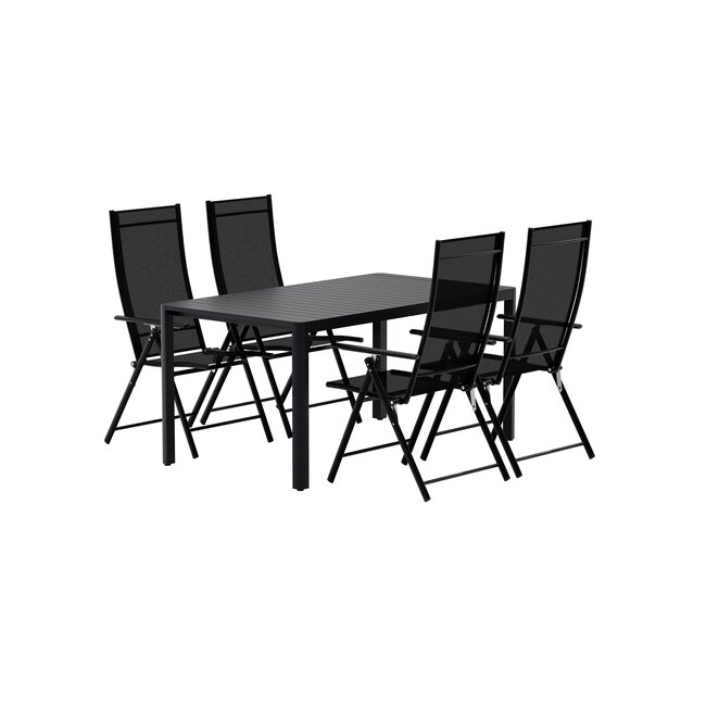Essgruppe Lavenzo & Giardini Schwarz – Giardini Esstisch 150×85×72 cm (Aluminium, Latten-Design, 5 cm Platte) + Lavenzo Positionssessel 56×59 cm (2er-Pack, klappbar & verstellbar, bis 110 kg)