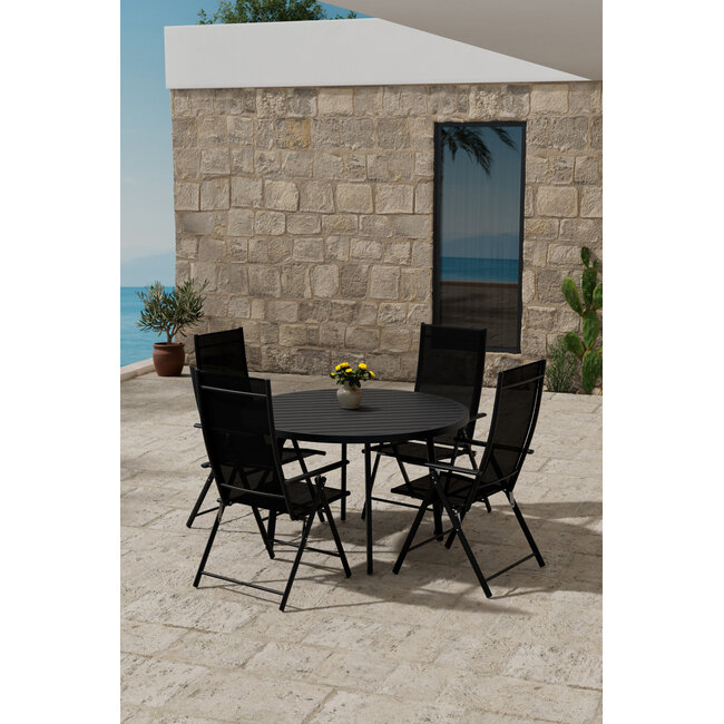 Garten-Essgruppe Giardini Rund & Levanzo Schwarz – Giardini Rundtisch Ø120 cm × H74 cm (Aluminium, 5 cm Platte) + Levanzo Positionssessel 56×59 cm (Stahl & Textilene, Sitzhöhe 41,5 cm, bis 4 Pers.)