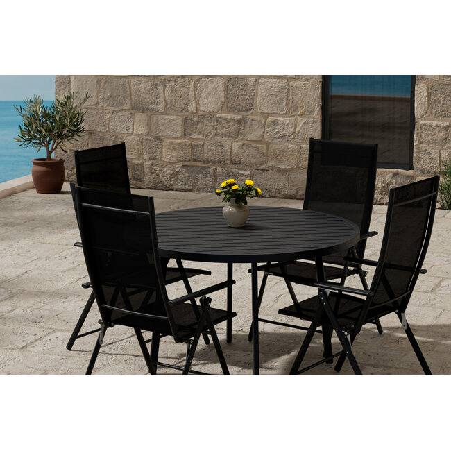 Garten-Essgruppe Giardini Rund & Levanzo Schwarz – Giardini Rundtisch Ø120 cm × H74 cm (Aluminium, 5 cm Platte) + Levanzo Positionssessel 56×59 cm (Stahl & Textilene, Sitzhöhe 41,5 cm, bis 4 Pers.)