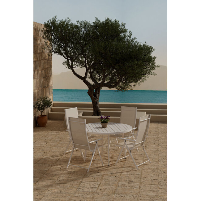 Garten-Essgruppe Giardini Rund & Levanzo Beige – Giardini Rundtisch Ø120 cm × H74 cm (Aluminium, 5 cm Platte) + Levanzo Positionssessel 56×59 cm (Stahl & Textilene, Sitzhöhe 41,5 cm, bis 4 Pers.)