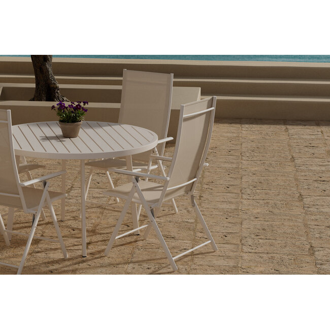 Garten-Essgruppe Giardini Rund & Levanzo Beige – Giardini Rundtisch Ø120 cm × H74 cm (Aluminium, 5 cm Platte) + Levanzo Positionssessel 56×59 cm (Stahl & Textilene, Sitzhöhe 41,5 cm, bis 4 Pers.)