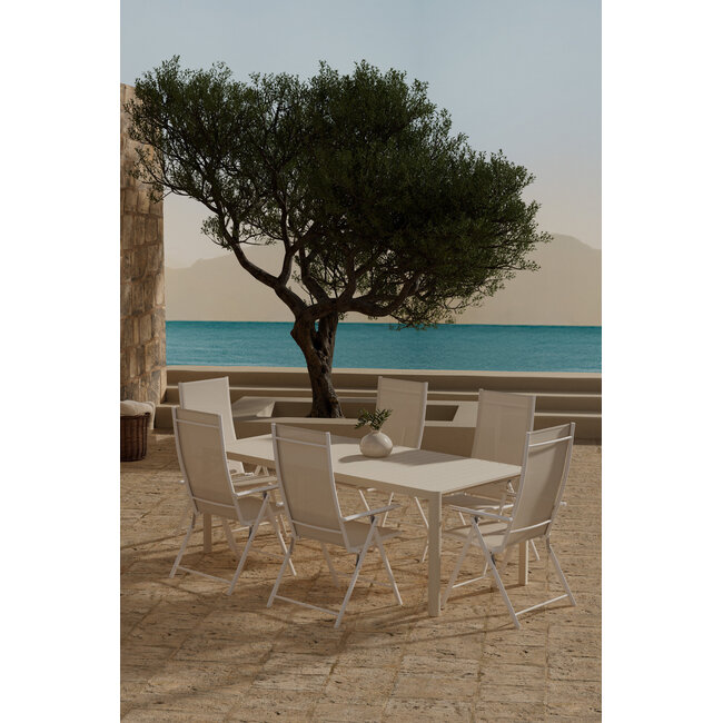 XXL Garten-Essgruppe Giardini und Levanzo Beige – Giardini Esstisch 200×90×72 cm (Latten-Tischplatte, Alu) + Levanzo Positionssessel 59×56 cm (Stahl und Textilene, bis 110 kg, 6–8 Pers.)