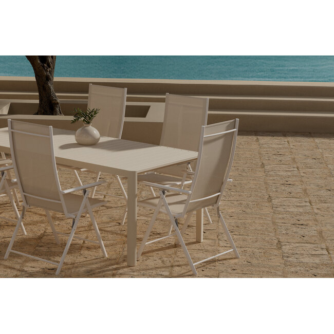 XXL Garten-Essgruppe Giardini und Levanzo Beige – Giardini Esstisch 200×90×72 cm (Latten-Tischplatte, Alu) + Levanzo Positionssessel 59×56 cm (Stahl und Textilene, bis 110 kg, 6–8 Pers.)