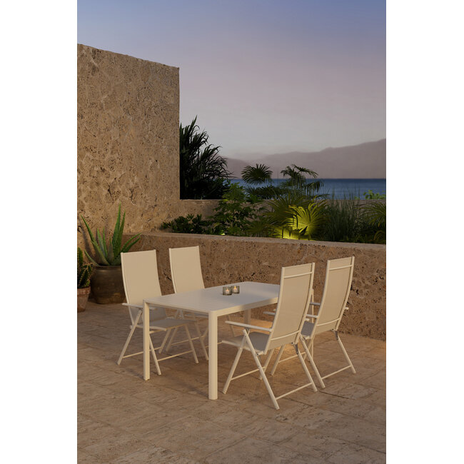 Garten-Essgruppe Giardini und Levanzo Beige – Giardini Esstisch 150×85×72 cm (Latten-Tischplatte, Alu) + Levanzo Positionssessel 59×56 cm (Stahl und Textilene, bis 110 kg, 4–6 Pers.)