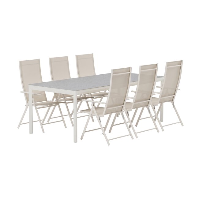 Essgruppe Lavenzo & Lino Beige – Lino Keramikglas-Esstisch 220×100×74 cm (6–8 Pers.) + Lavenzo Positionssessel 56×59 cm (6er-Set, klappbar, verstellbar, bis 110 kg)