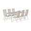 Essgruppe Lavenzo & Lino Beige – Lino Keramikglas-Esstisch 220×100×74 cm (6–8 Pers.) + Lavenzo Positionssessel 56×59 cm (6er-Set, klappbar, verstellbar, bis 110 kg)
