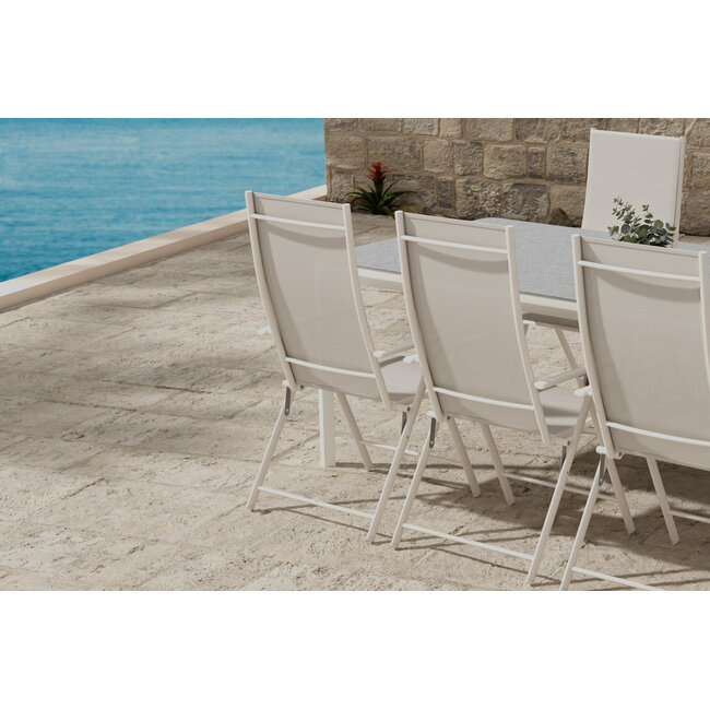 Essgruppe Lavenzo & Lino Beige – Lino Keramikglas-Esstisch 220×100×74 cm (6–8 Pers.) + Lavenzo Positionssessel 56×59 cm (6er-Set, klappbar, verstellbar, bis 110 kg)