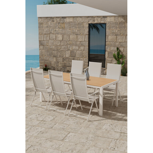 Essgruppe Lavenzo & Break Beige – Break Esstisch 205×90×74 cm (Aintwood Teak-Optik) + Lavenzo Positionssessel 56×59 cm (6er-Set, klappbar, verstellbar, bis 110 kg)