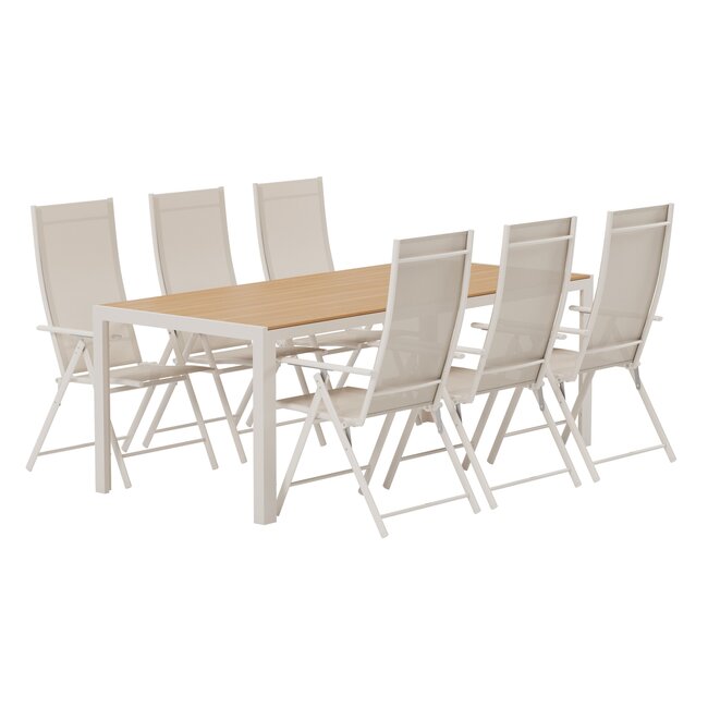 Essgruppe Lavenzo & Break Beige – Break Esstisch 205×90×74 cm (Aintwood Teak-Optik) + Lavenzo Positionssessel 56×59 cm (6er-Set, klappbar, verstellbar, bis 110 kg)
