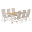 Essgruppe Lavenzo & Break Beige – Break Esstisch 205×90×74 cm (Aintwood Teak-Optik) + Lavenzo Positionssessel 56×59 cm (6er-Set, klappbar, verstellbar, bis 110 kg)