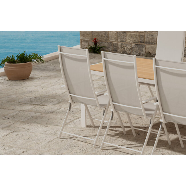 Essgruppe Lavenzo & Break Beige – Break Esstisch 205×90×74 cm (Aintwood Teak-Optik) + Lavenzo Positionssessel 56×59 cm (6er-Set, klappbar, verstellbar, bis 110 kg)