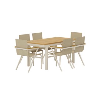 Venture Home 7-tlg. Essgruppe Panama & Mexico Beige – Ausziehbarer Teakholz-Tisch 160–240 cm + 6 Stapelsessel