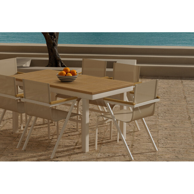 7-teilige Essgruppe Panama & Mexico Beige – Panama Ausziehbarer Esstisch 160–240 cm Teakholz + 6 Mexico Stapelsessel 56×60×91 cm, bis 150 kg, wetterfest