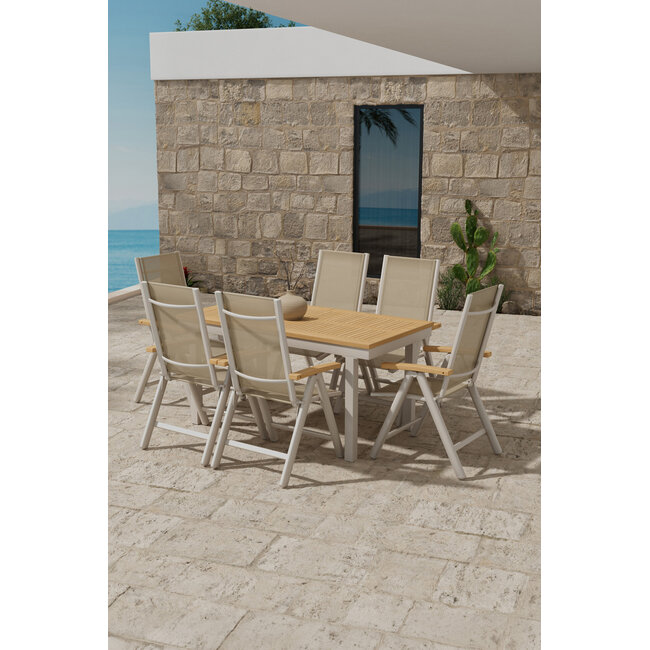 7-teilige Panama Essgruppe Beige – Panama Ausziehbarer Esstisch 160–240 cm Teakholz/Alu + 6 Panama Positionssessel 5-fach verstellbar & klappbar, bis 100 kg
