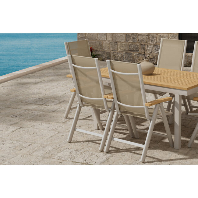 7-teilige Panama Essgruppe Beige – Panama Ausziehbarer Esstisch 160–240 cm Teakholz/Alu + 6 Panama Positionssessel 5-fach verstellbar & klappbar, bis 100 kg