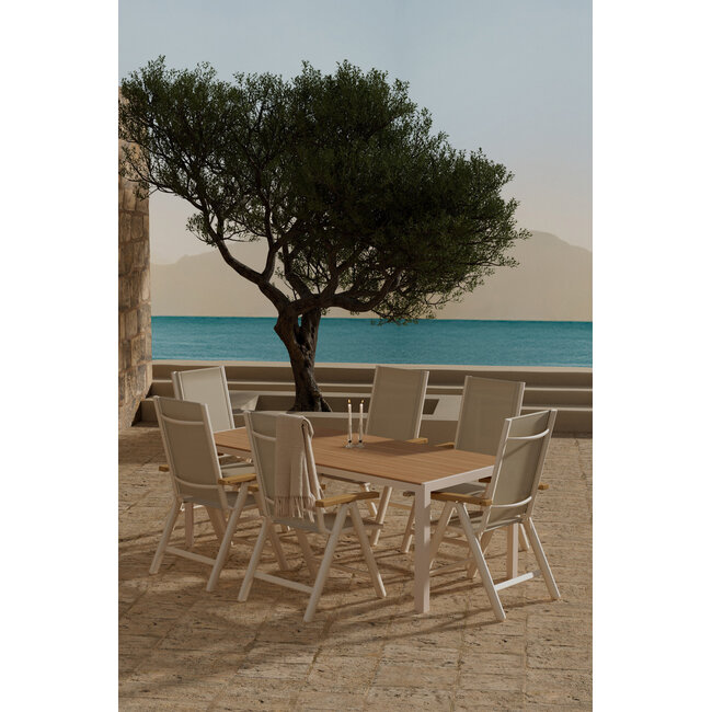 Essgruppe Panama & Break Beige – Break Esstisch 205×90 cm Aintwood Teak-Optik + 2 Panama Positionssessel Alu Beige, 5-fach verstellbar & klappbar, bis 100 kg