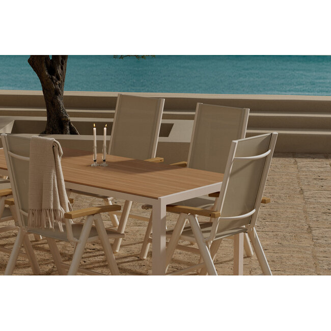Essgruppe Panama & Break Beige – Break Esstisch 205×90 cm Aintwood Teak-Optik + 2 Panama Positionssessel Alu Beige, 5-fach verstellbar & klappbar, bis 100 kg