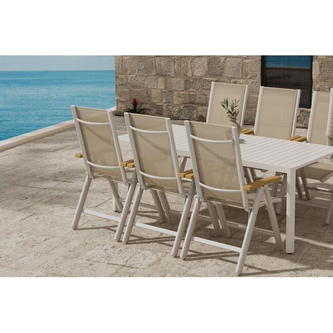 Garten-Essgruppe Giardini & Panama Beige – Giardini Esstisch 200×90 cm Aluminium 5 cm + Panama Relax-Sessel 5-fach verstellbar Textilene Beige, bis 100 kg
