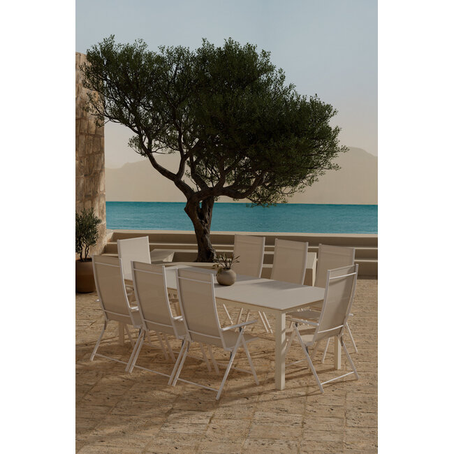 Garten-Essgruppe Levanzo & Levels Beige – Ausziehbare Outdoor-Essgruppe mit verstellbaren Komfortstühlen