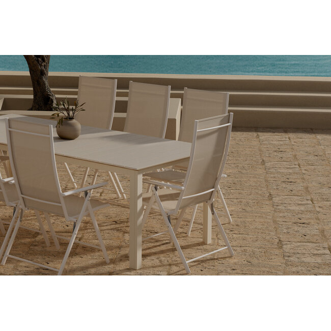 Garten-Essgruppe Levanzo & Levels Beige – Ausziehbare Outdoor-Essgruppe mit verstellbaren Komfortstühlen