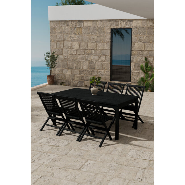 Kenya Garten-Essgruppe Schwarz – Kenya Esstisch 180×90 cm Teakholz Schwarz/Waterbase (3 cm) + Kenya Klappsessel Teakholz Schwarz/Paint, bis 150 kg, 6 Personen