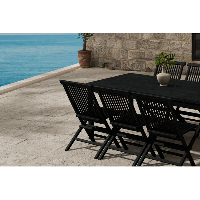 Kenya Garten-Essgruppe Schwarz – Kenya Esstisch 180×90 cm Teakholz Schwarz/Waterbase (3 cm) + Kenya Klappsessel Teakholz Schwarz/Paint, bis 150 kg, 6 Personen