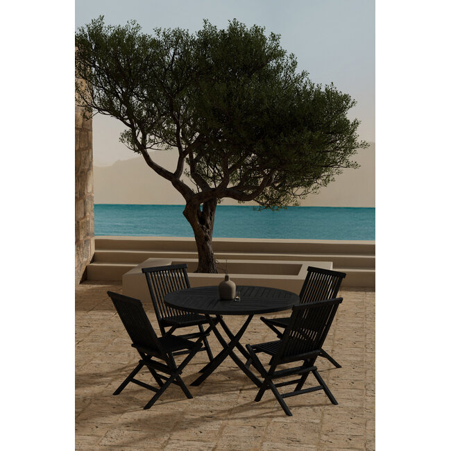 Kenya Garten-Essgruppe Schwarz – Kenya Rundtisch Ø120 cm Teakholz Schwarz/Waterbase + Kenya Klappsessel Teakholz Schwarz/Paint, bis 150 kg, 4 Personen