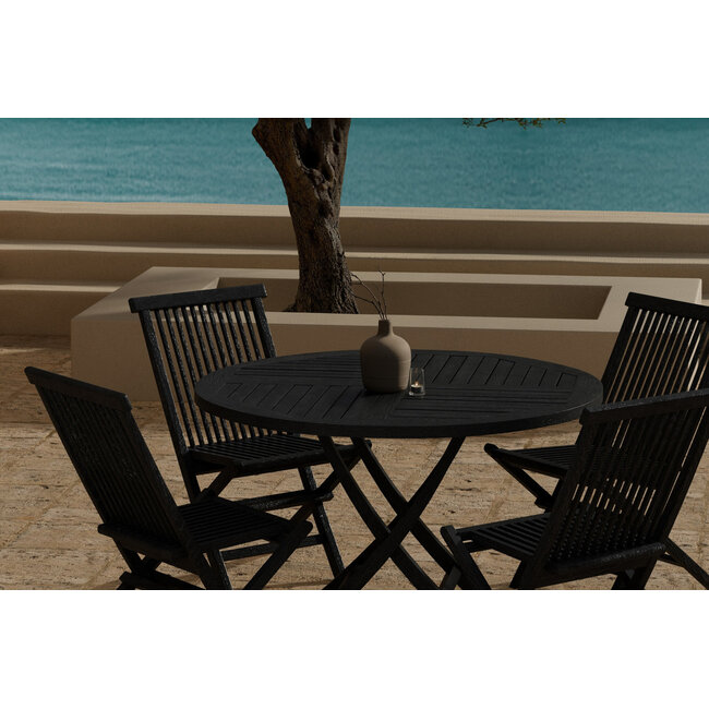Kenya Garten-Essgruppe Schwarz – Kenya Rundtisch Ø120 cm Teakholz Schwarz/Waterbase + Kenya Klappsessel Teakholz Schwarz/Paint, bis 150 kg, 4 Personen