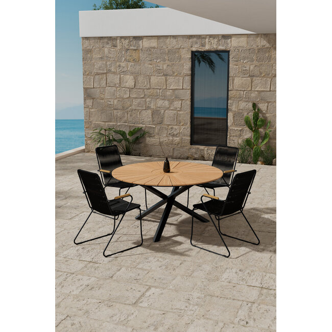 5-teilige Garten-Essgruppe Mexico & Bois – Mexico Rundtisch Ø140 cm Teakholz + 4 Bois Dining-Sessel Polyester Rope & Teak-Armlehnen, stapelbar, bis 150 kg