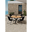 5-teilige Garten-Essgruppe Mexico & Bois – Mexico Rundtisch Ø140 cm Teakholz + 4 Bois Dining-Sessel Polyester Rope & Teak-Armlehnen, stapelbar, bis 150 kg