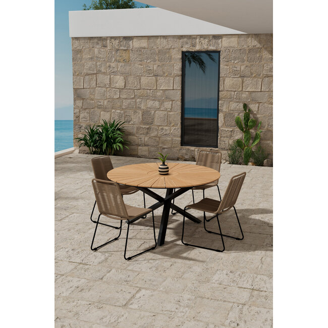 5-teilige Garten-Essgruppe Mexico & Lindos – Mexico Rundtisch Ø140 cm Teakholz/Alu + 4 Lindos Rope-Sessel Braun-Beige/Schwarz, stapelbar, bis 150 kg