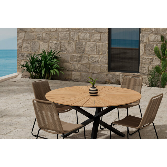 5-teilige Garten-Essgruppe Mexico & Lindos – Mexico Rundtisch Ø140 cm Teakholz/Alu + 4 Lindos Rope-Sessel Braun-Beige/Schwarz, stapelbar, bis 150 kg
