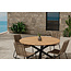 5-teilige Garten-Essgruppe Mexico & Lindos – Mexico Rundtisch Ø140 cm Teakholz/Alu + 4 Lindos Rope-Sessel Braun-Beige/Schwarz, stapelbar, bis 150 kg