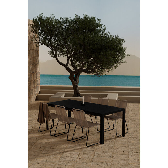 7-teilige Garten-Essgruppe Mirko & Lindos – Mirko Esstisch 205×90 cm Polywood Schwarz + 6 Lindos Rope-Sessel Beige-Braun/Schwarz, Stahl, stapelbar, bis 150 kg