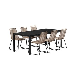 Venture Home 7-tlg. Garten-Essgruppe Mirko & Lindos – Polywood-Tisch 205×90 cm + 6 Rope-Sessel Beige/Schwarz