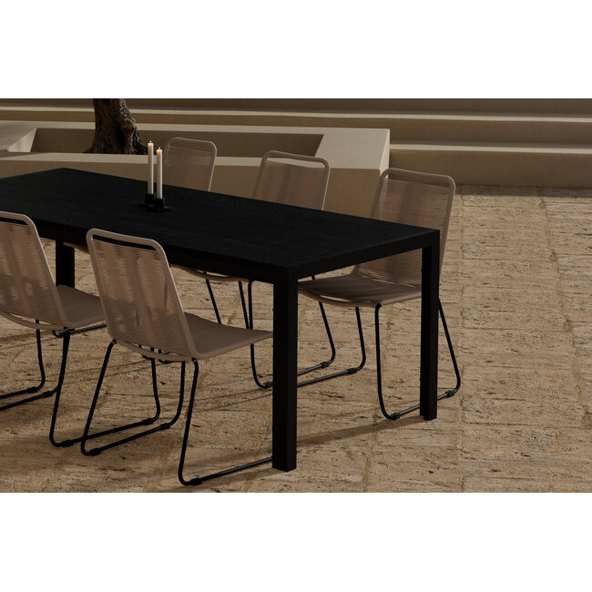 7-teilige Garten-Essgruppe Mirko & Lindos – Mirko Esstisch 205×90 cm Polywood Schwarz + 6 Lindos Rope-Sessel Beige-Braun/Schwarz, Stahl, stapelbar, bis 150 kg