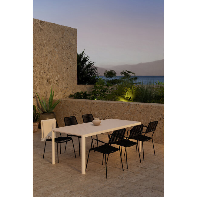 Garten-Essgruppe Lindos & Giardini – Giardini Esstisch 200×90 cm Aluminium Beige + Lindos Dining-Sessel Polyester Rope Schwarz, stapelbar, bis 150 kg