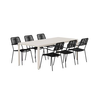 Venture Home Garten-Essgruppe Lindos & Giardini – Alu-Tisch 200×90 cm Beige + Rope-Sessel Schwarz