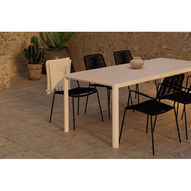 Garten-Essgruppe Lindos & Giardini – Giardini Esstisch 200×90 cm Aluminium Beige + Lindos Dining-Sessel Polyester Rope Schwarz, stapelbar, bis 150 kg
