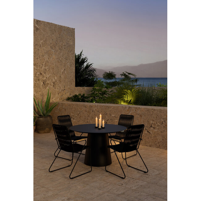 5-teilige Garten-Essgruppe Bois & Lanzo Schwarz – Lanzo Runder Esstisch Ø120 cm Aluminium + 4 Bois Dining-Sessel Polyester Rope & Teak-Armlehnen, bis 150 kg