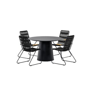 Venture Home 5-tlg. Garten-Essgruppe Bois & Lanzo Schwarz – Runder Alu-Tisch Ø120 cm + 4 Rope-Sessel