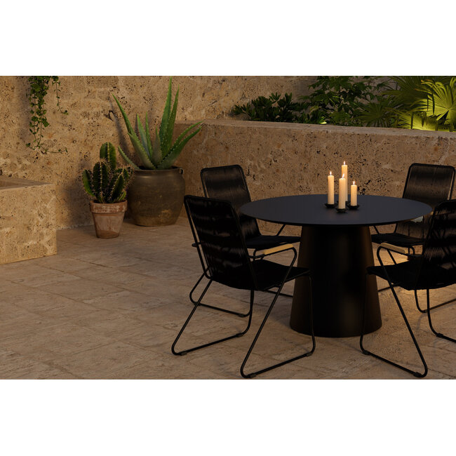 5-teilige Garten-Essgruppe Bois & Lanzo Schwarz – Lanzo Runder Esstisch Ø120 cm Aluminium + 4 Bois Dining-Sessel Polyester Rope & Teak-Armlehnen, bis 150 kg