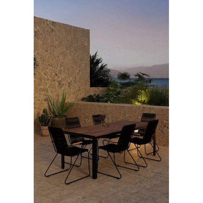 7-teilige Garten-Essgruppe Bois – Bois Esstisch 205×90 cm Massiv-Akazienholz + 6 Bois Dining-Sessel Polyester Rope & Teak-Armlehnen, Skandinavisches Design, bis 150 kg