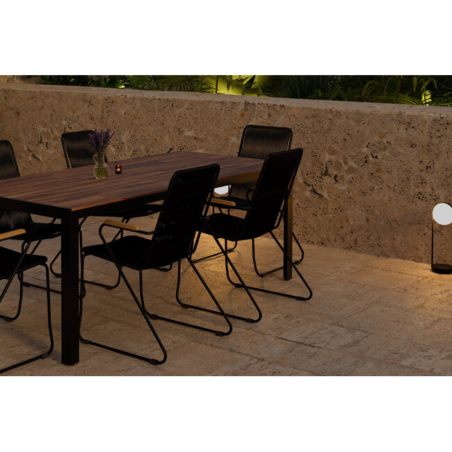 7-teilige Garten-Essgruppe Bois – Bois Esstisch 205×90 cm Massiv-Akazienholz + 6 Bois Dining-Sessel Polyester Rope & Teak-Armlehnen, Skandinavisches Design, bis 150 kg