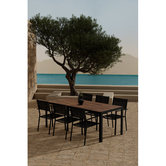 7-teilige Garten-Essgruppe Bois & Copacabana Natur/Schwarz – Bois Esstisch 205×90 cm Massiv-Akazienholz 3 cm + 6 Copacabana Alu-Stapelsessel Textilene Schwarz, bis 110 kg