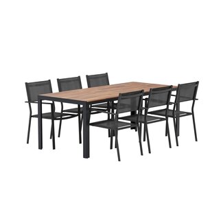 Venture Home 7-tlg. Garten-Essgruppe Bois und Copacabana – Akazienholz-Tisch 205×90 cm + 6 Alu-Sessel Schwarz